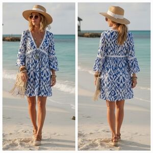 NWT Women's S Bohemian Crochet Beach Resortwear Bell Sleeve Babydoll Dress